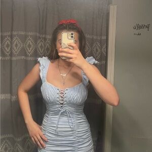 Light Blue Ruched Lace-Up Mini Dress with Ruffle Straps